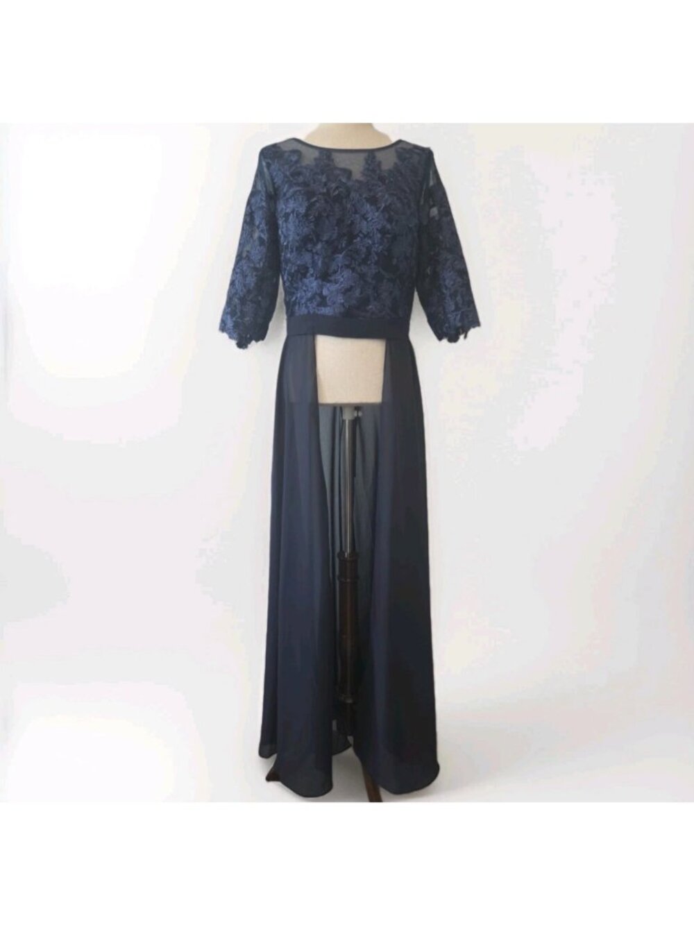 HY Women's Navy Illusion Floral Lace Applique Chiffon Duster Size 18